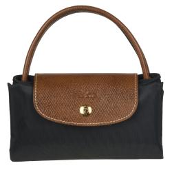Longchamp Mini 'Le Pliage' Black Nylon Brown Leather Handle Tote Bag ...