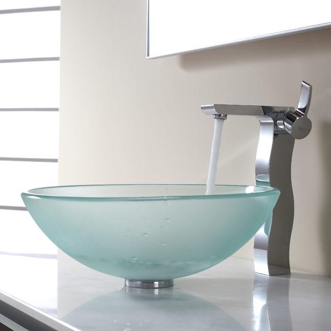 KRAUS Frosted Glass Vessel Sink in Clear with Virtus Faucet in Brushed ...