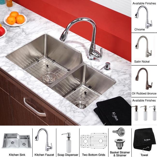 KRAUS Ellis All-in-One Undermount Stainless Steel 32 in. 50/50 Double Bowl  Kitchen Sink with Commercial Pull-Down Faucet KCA-1200 - The Home Depot