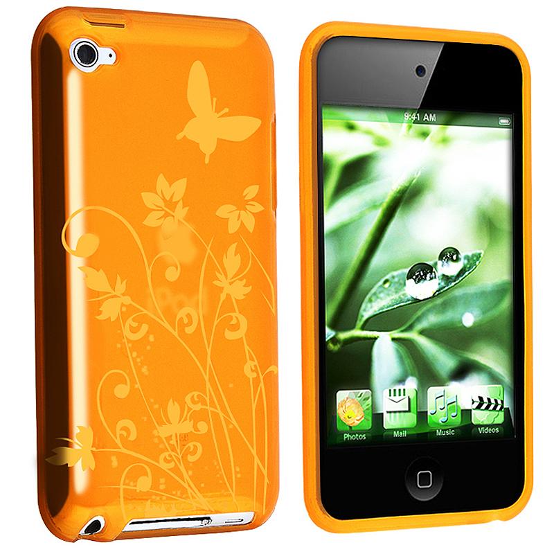 Clear Orange Flower TPU Rubber Skin Case for Apple iPod Touch Gen. 4