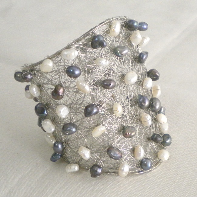   White Pearl Wire Mesh Cuff Bracelet (4 7 mm)(Thailand)  