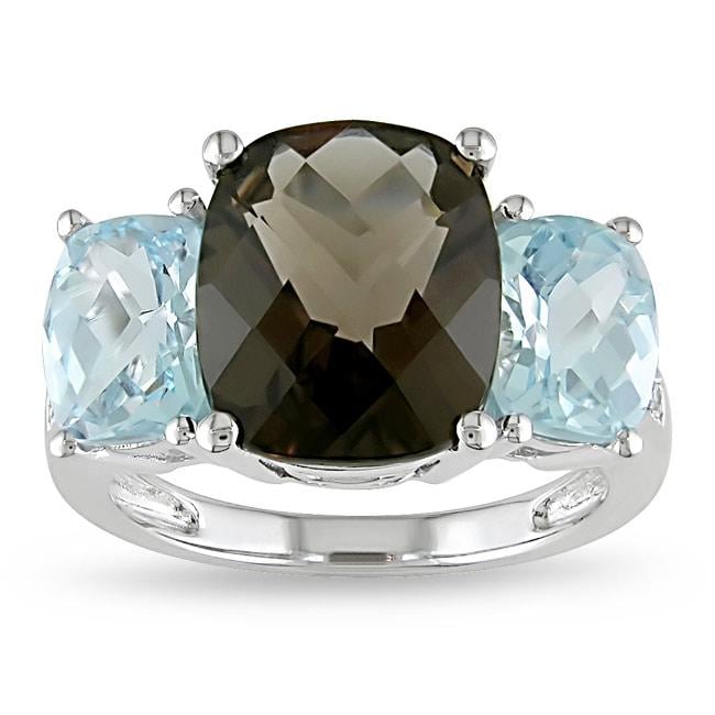   Gold Smokey Quartz, Blue Topaz and Diamond Accent Ring  