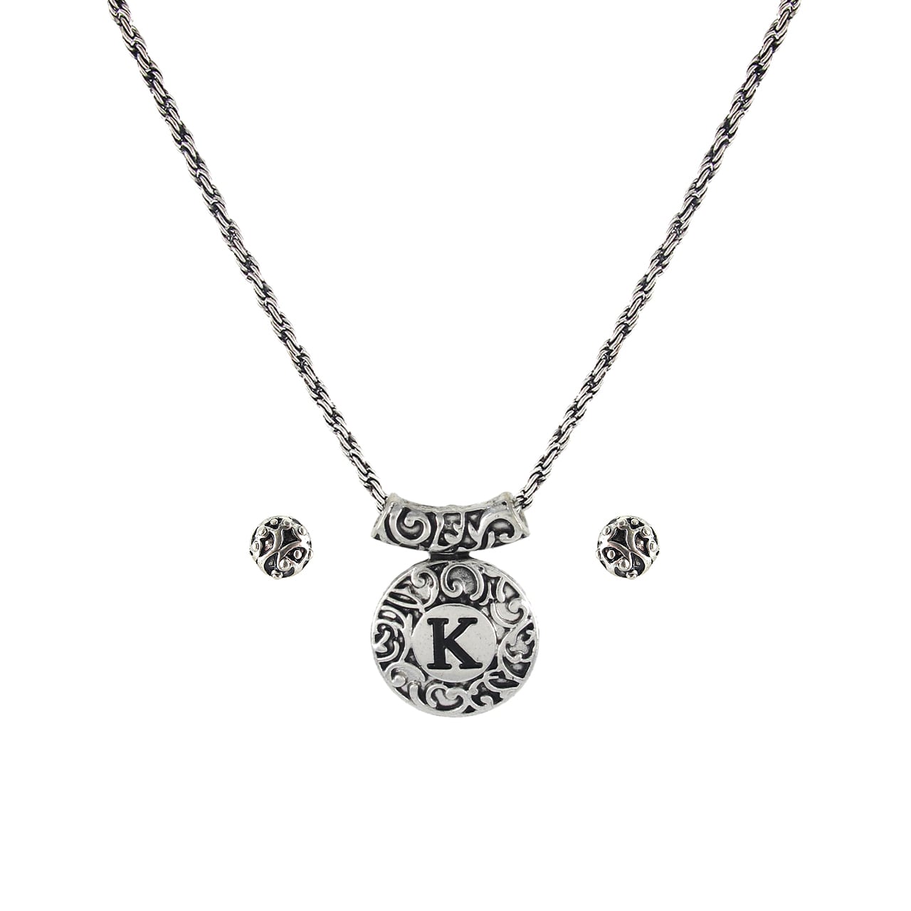   Silvertone Initial K Antiqued Dome Disc Necklace and Earring Set