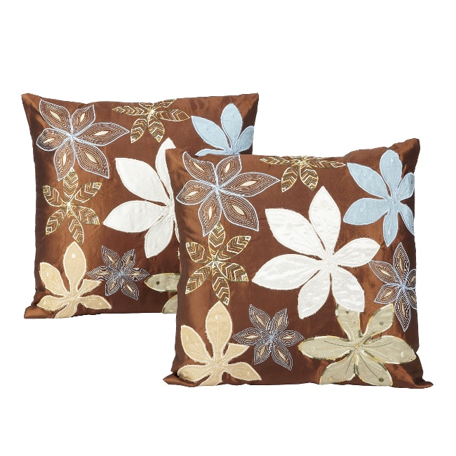 Brown/ Blue Embroidered and Appliqued Decorative Pillows (Set of 2 ...