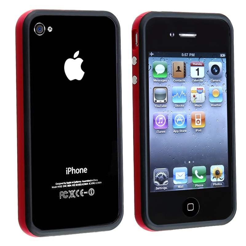 Red TPU Rubber Skin Bumper Case/ Aluminum Buttons for Apple iPhone 4