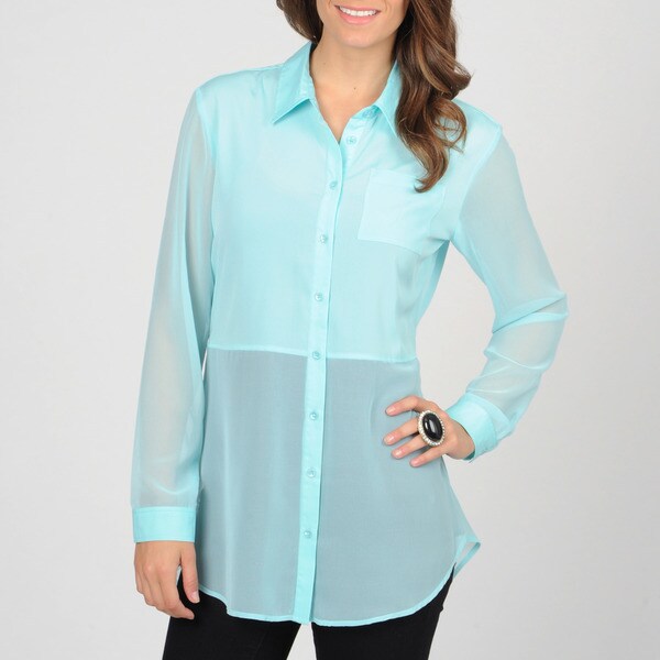 Grace Elements Women's Seaside Aqua Button-down Sheer Top
