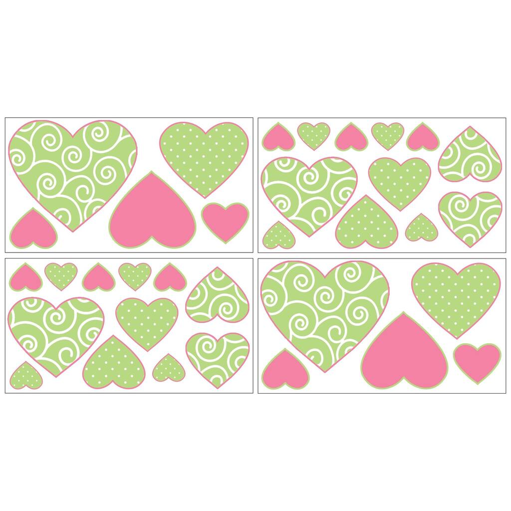 Sweet Jojo Designs Olivia Pink Green and White Damask Heart Peel and Stick Wall Decal Stickers Art Nursery Decor (Set of 4)