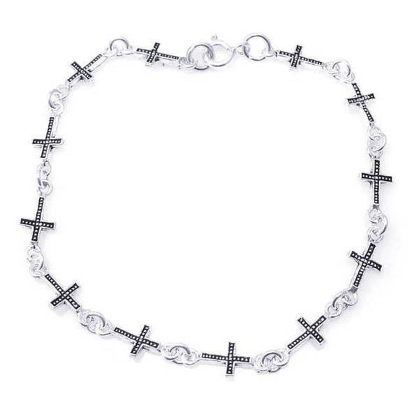 Handmade Sterling Silver Dotted Christian Cross Link Bracelet (Thailand