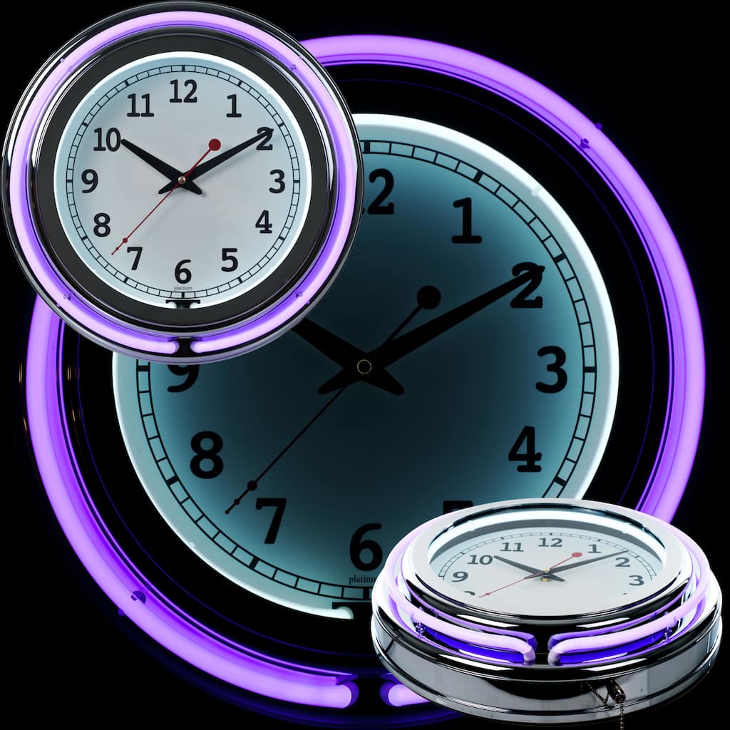 Retro Neon Wall Clock - Battery Operated Wall Clock Vintage 14 Inch Round Analog by Lavish Home (Purple and White)