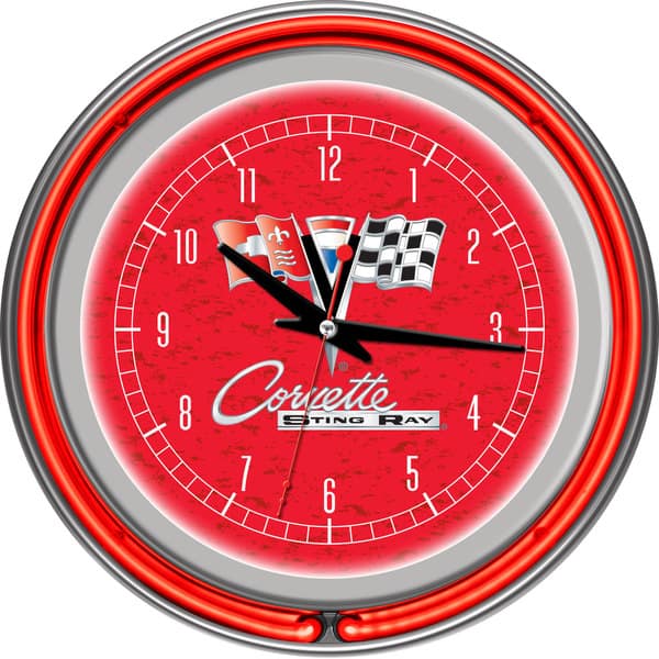 slide 2 of 2, Corvette C2 Red Chrome Double Ring Neon Clock - Black/White