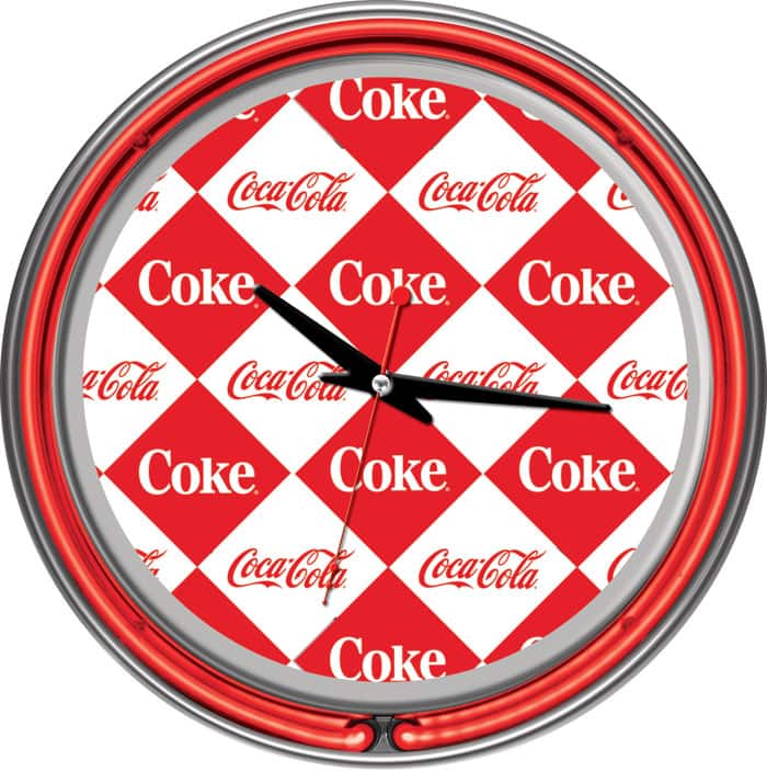 Checker Coca Cola Two Ring Neon Clock - Red/White