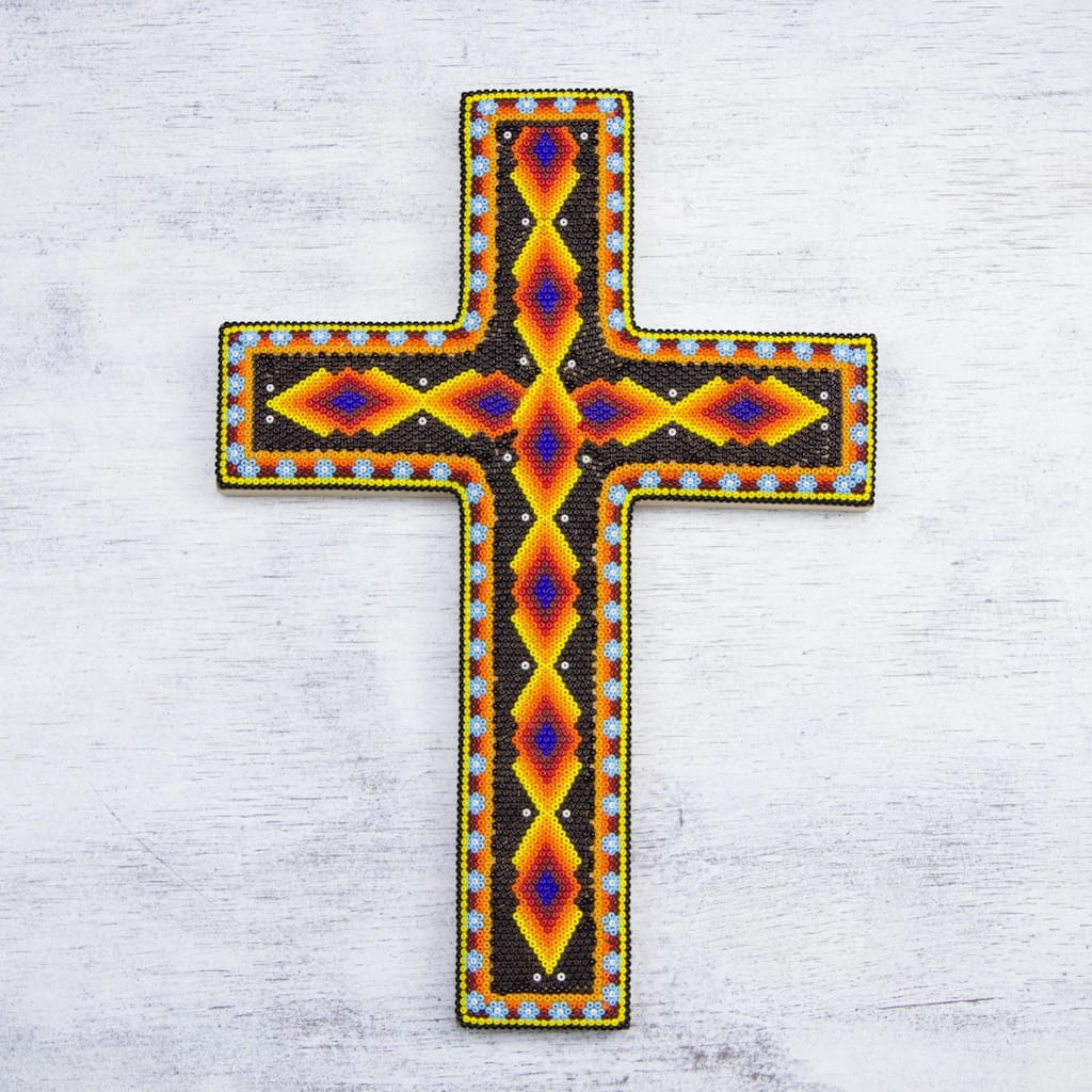 Handcrafted Pinewood and Glass 'Success' Beadwork Cross (Mexico)