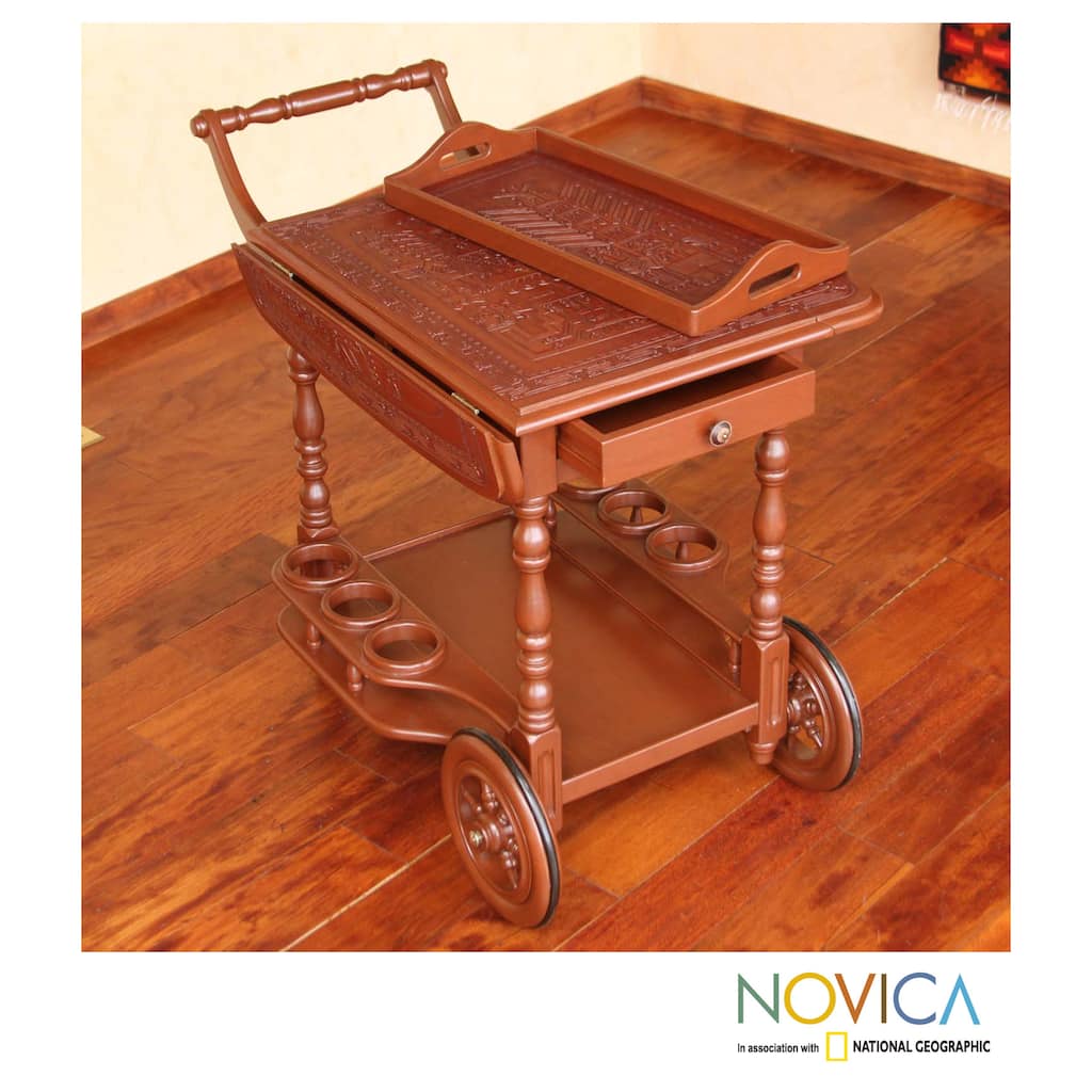 Handmade Inca Light Leather Mohena Wood Drop Leaf One Drawer Removable Tray Brown Decorator Accent Rolling Bar Cart (Peru)