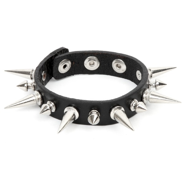 Shop Black Leather and Silvertone Spike Stud Bracelet - Free Shipping ...