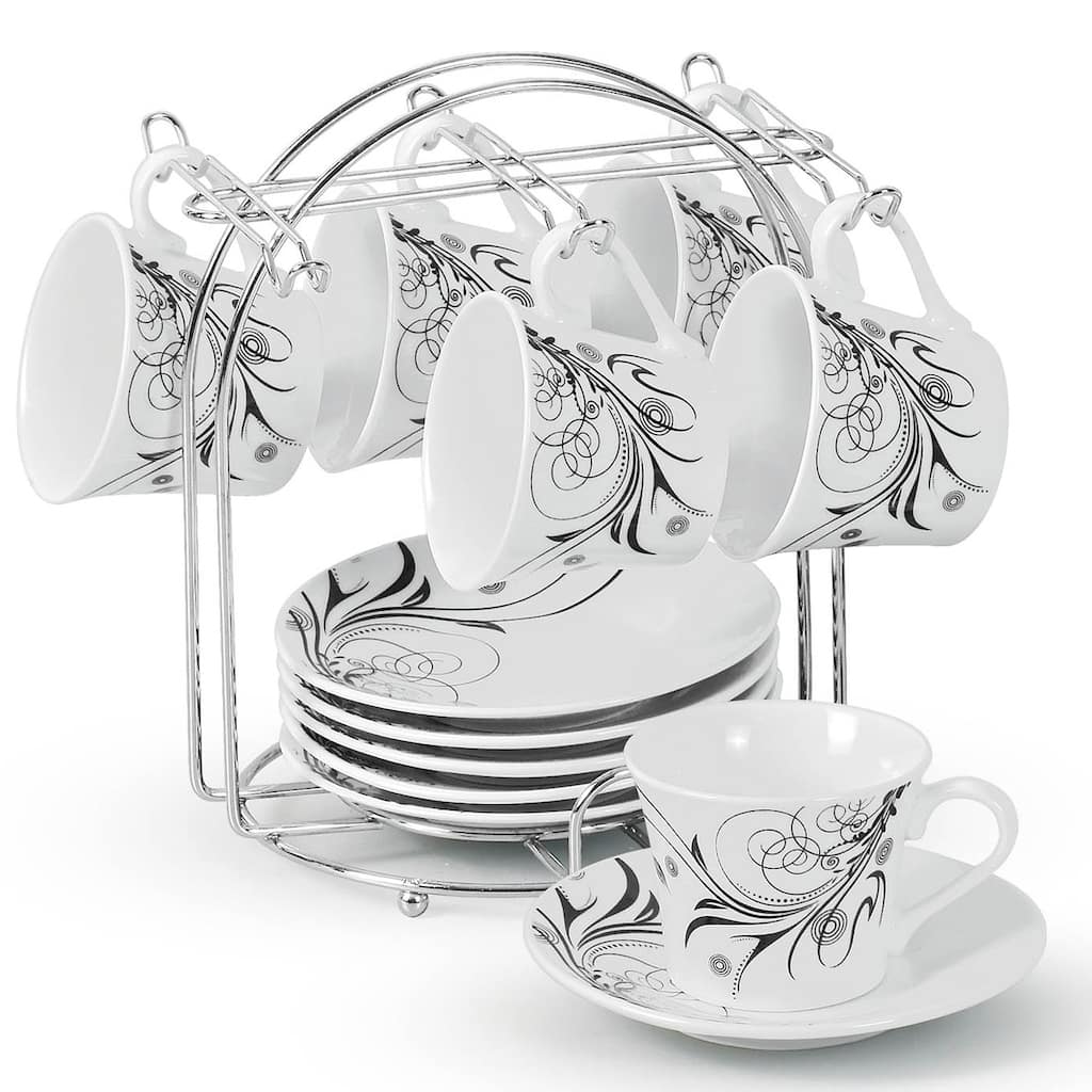 Black/ White Damask 12-piece Espresso Set with Stand