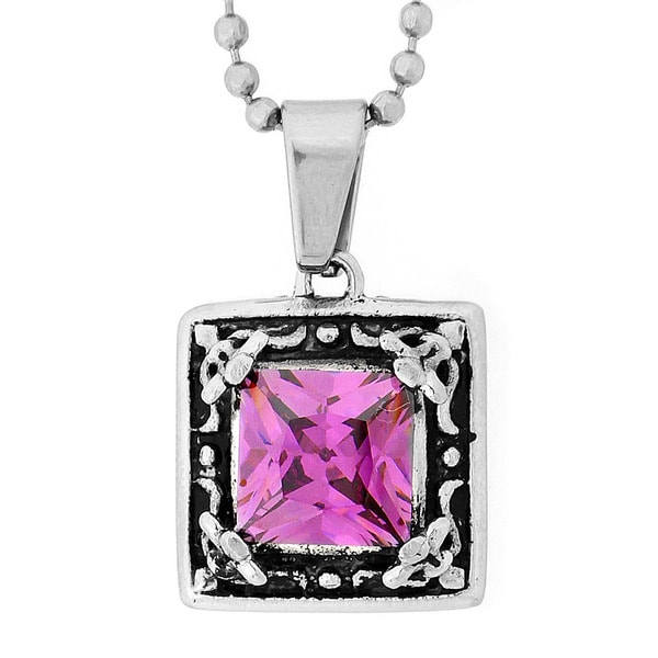 Stainless Steel Purple Cubic Zirconia Picture Frame Necklace West Coast Jewelry Cubic Zirconia Necklaces