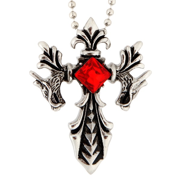 Stainless Steel Red Cubic Zirconia Dragon Dagger Cross Necklace