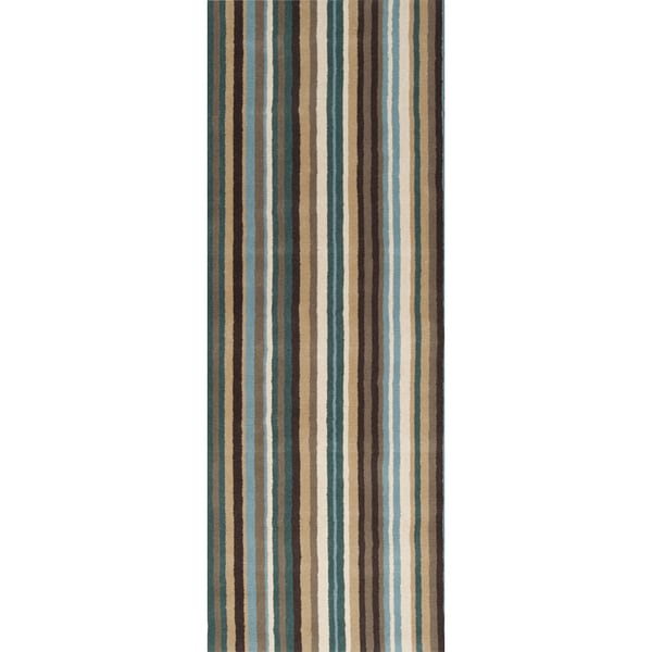 Hand crafted Casual Teal/Brown Stripe Wentzville Wool Rug (26 x 8)