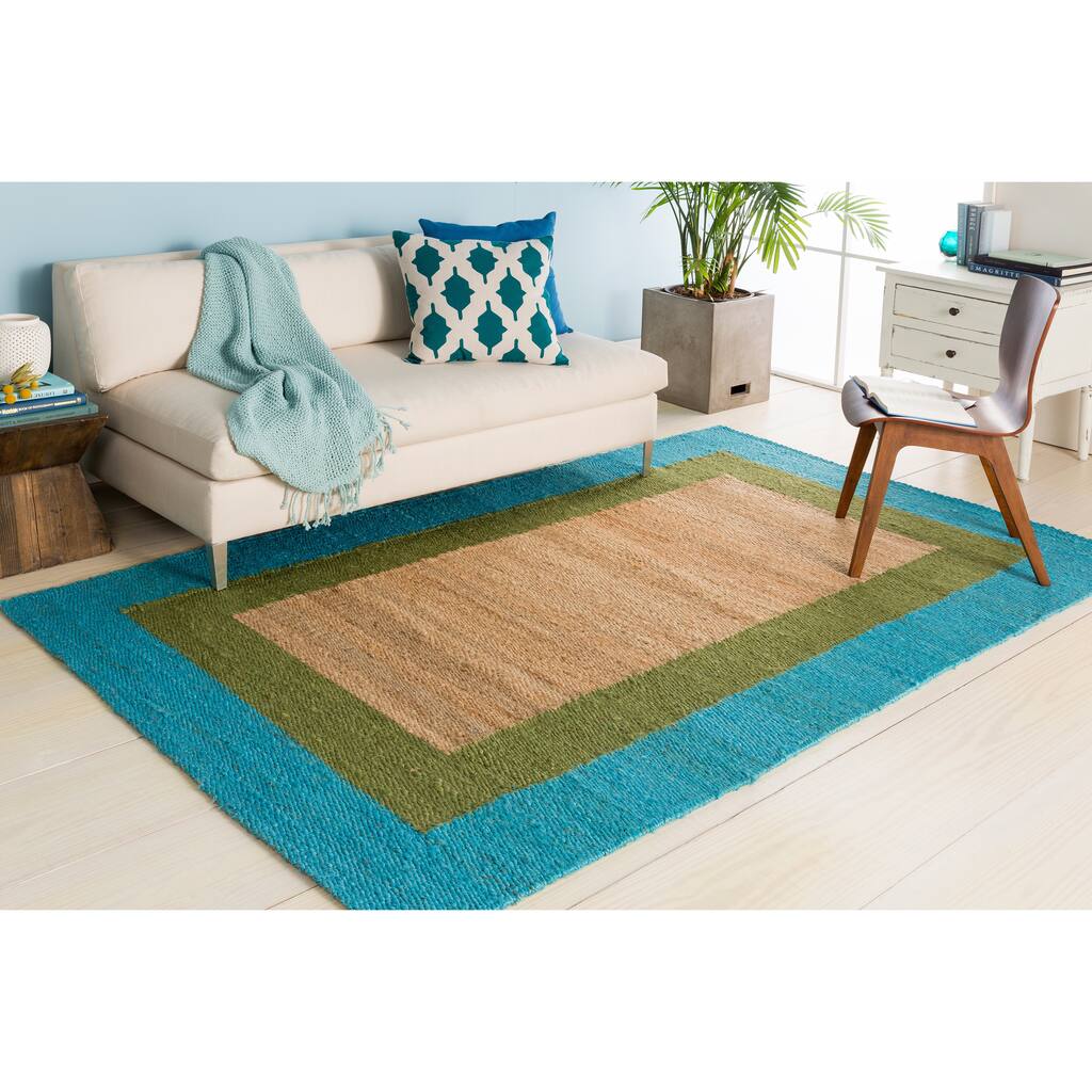 Hand-woven Light Blue and Moss Green Bordered Natural Fiber Jute Area Rug - 8' x 11'