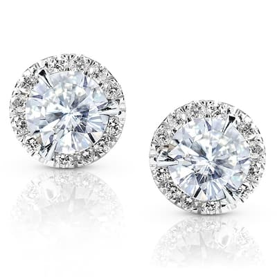 Annello by Kobelli 14k Gold 1 1/4ct TGW Round 6.5MM Moissanite (GH) and Diamond Halo Traditional Stud Earrings
