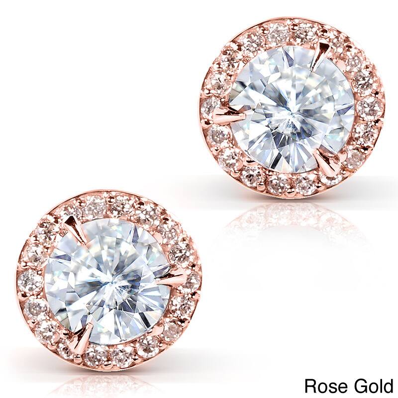 Annello by Kobelli 14k Gold 1 1/4ct TGW Round 6.5MM Moissanite (GH) and Diamond Halo Traditional Stud Earrings