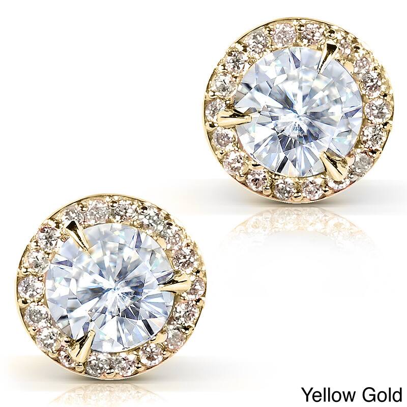 Annello by Kobelli 14k Gold 1 1/4ct TGW Round 6.5MM Moissanite (GH) and Diamond Halo Traditional Stud Earrings