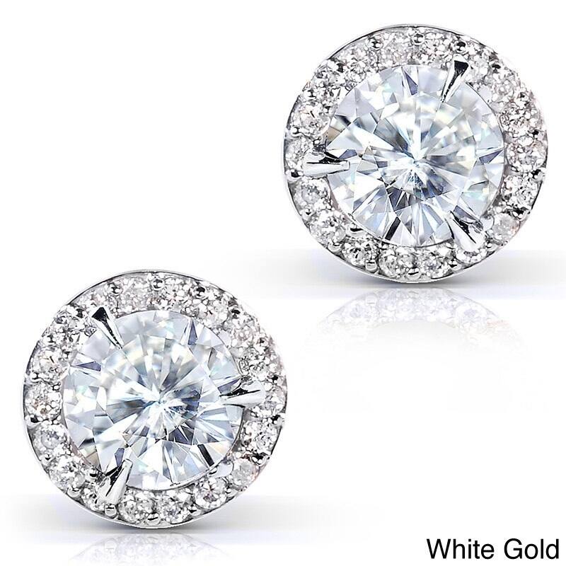 Annello by Kobelli 14k Gold 1 1/4ct TGW Round 6.5MM Moissanite (GH) and Diamond Halo Traditional Stud Earrings