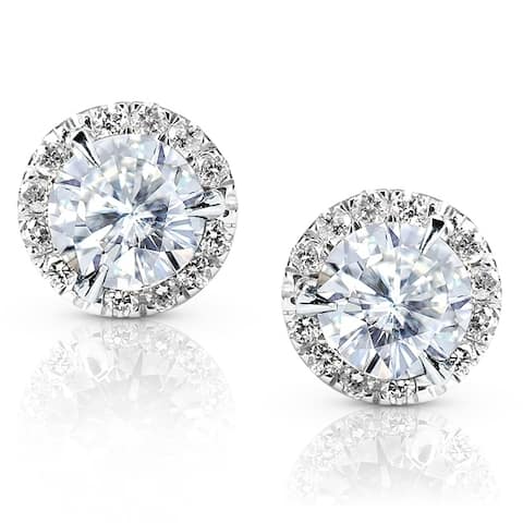 Annello by Kobelli 14k Gold 1 1/4ct TGW Round 6.5MM Moissanite (GH) and Diamond Halo Traditional Stud Earrings