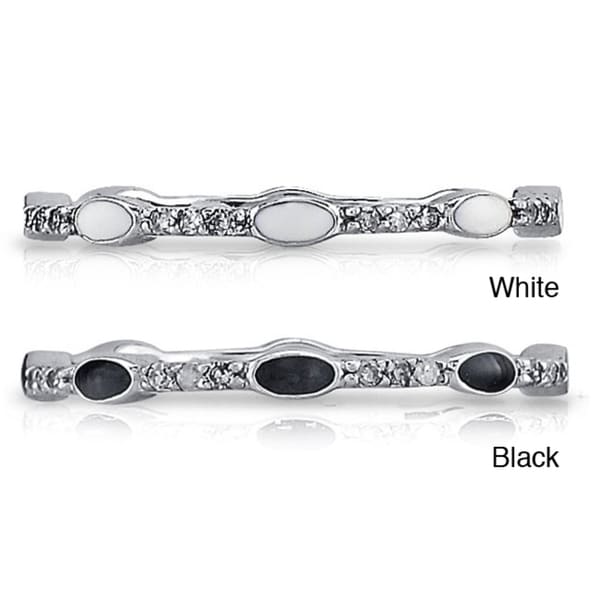 Sterling Silver Diamond Accent and White or Black Enamel Stackable Ring Diamond Rings