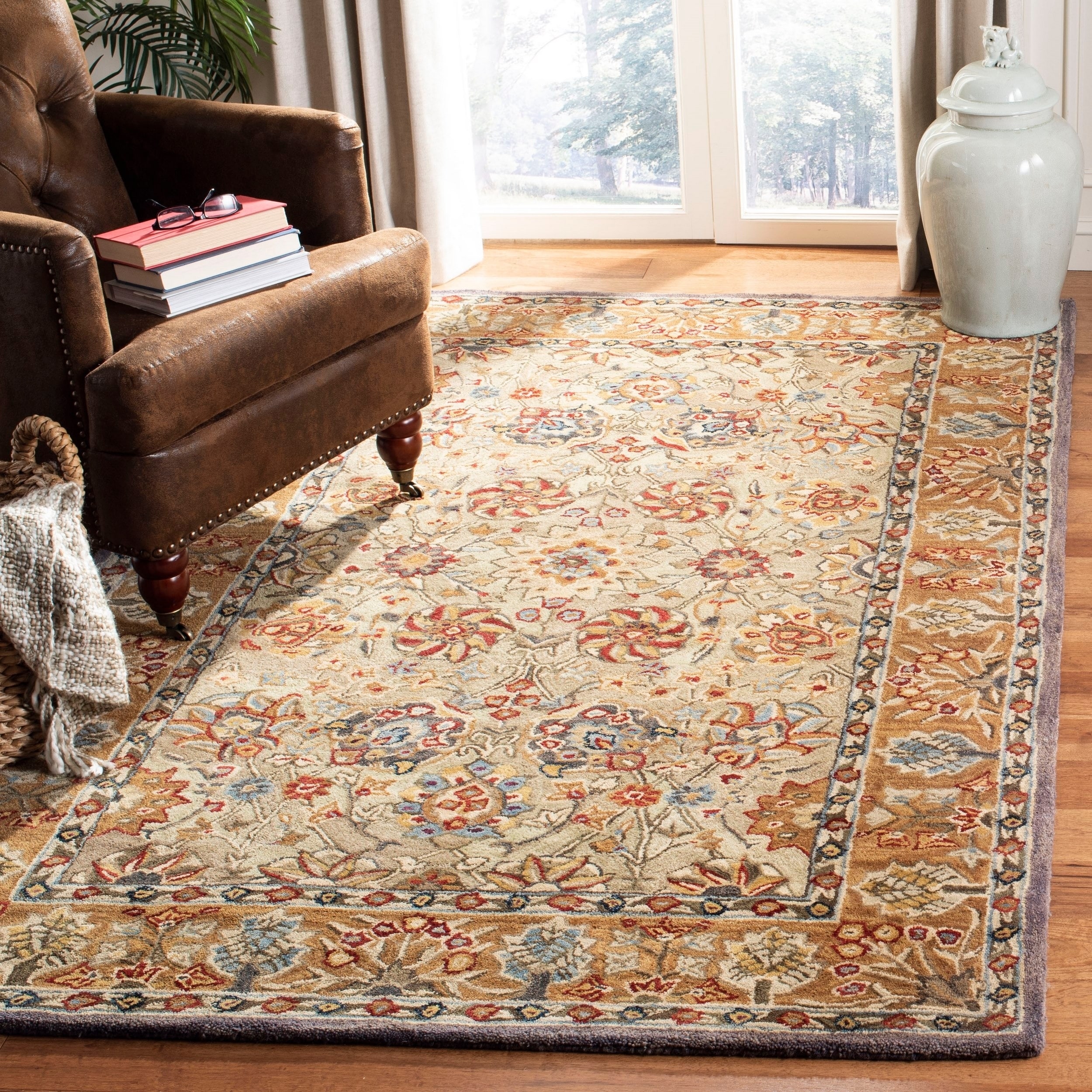 Hand made Anatolia Green/ Gold Hand spun Wool Rug (5 X 8)