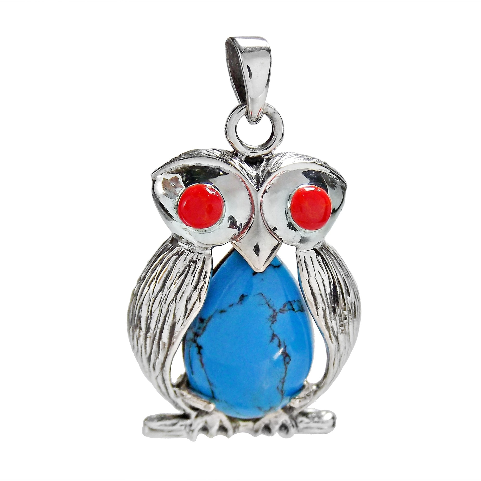 Sterling Silver Unique Owl Bird Gemstone Centered Pendant (Thailand