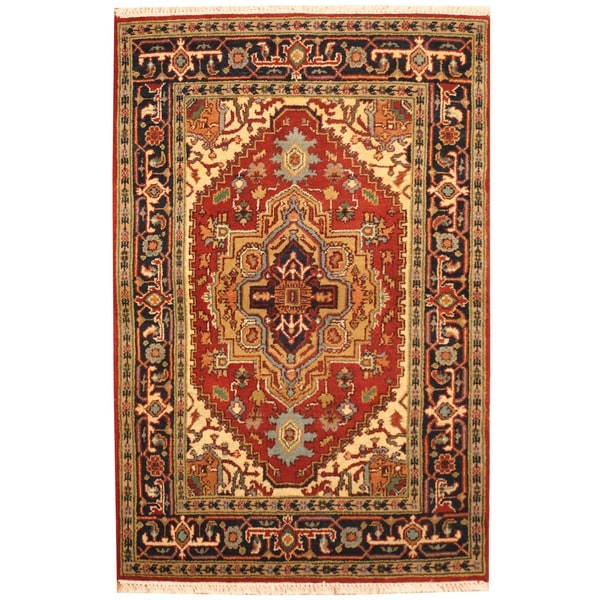 Herat Oriental Indo Hand-knotted Indo Heriz Red/ Black Wool Rug (4' x 6')