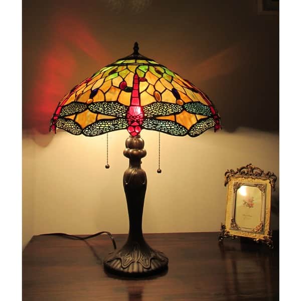 Shop Tiffany Style Dragonfly Design 3 Light Table Lamp On Sale