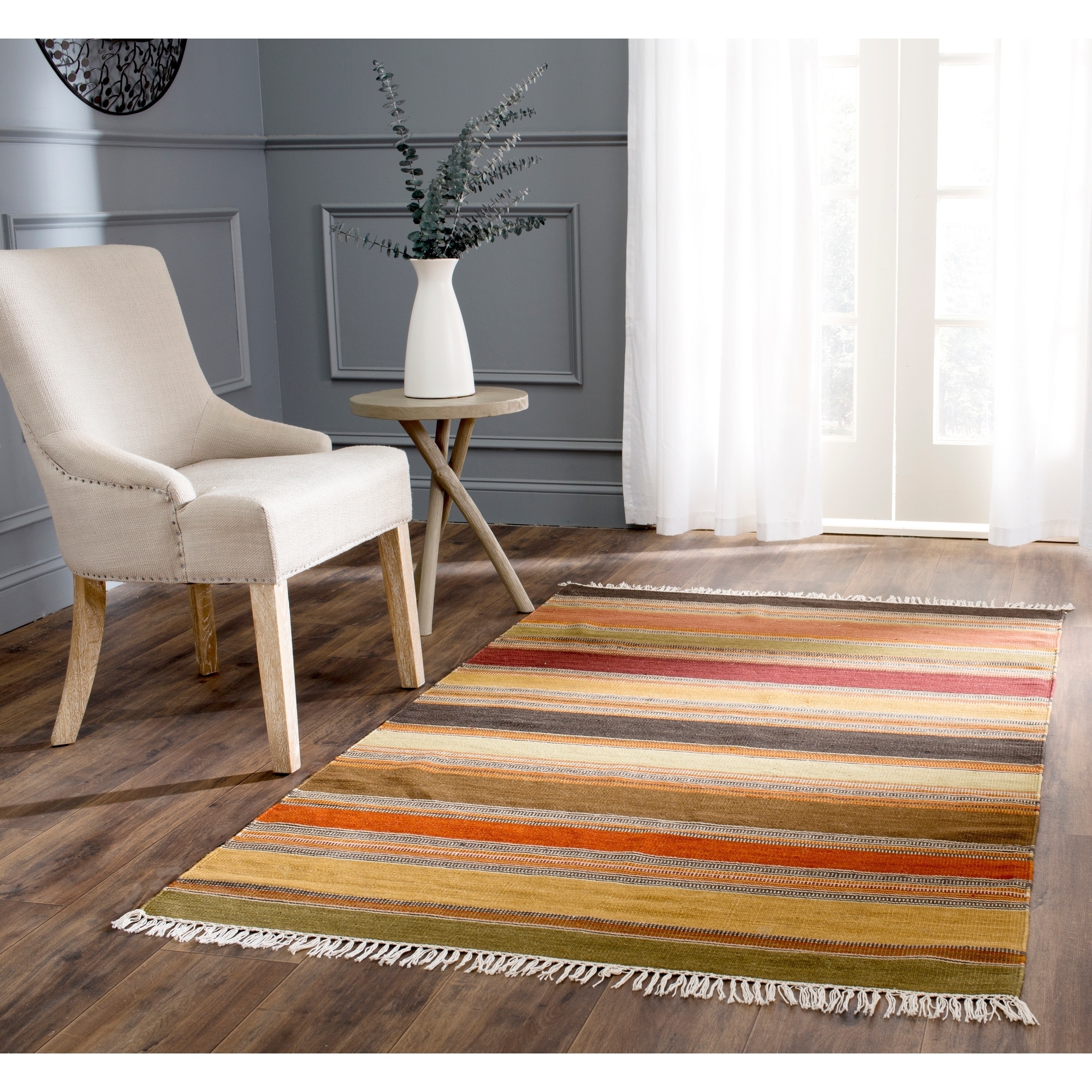 Tapestry woven Striped Kilim Village Gold Wool Rug (9 X 12)