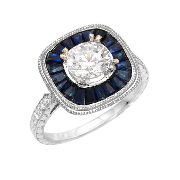 14k White Gold Moissanite, Sapphire and Diamond Ring Women's Moissanite Rings