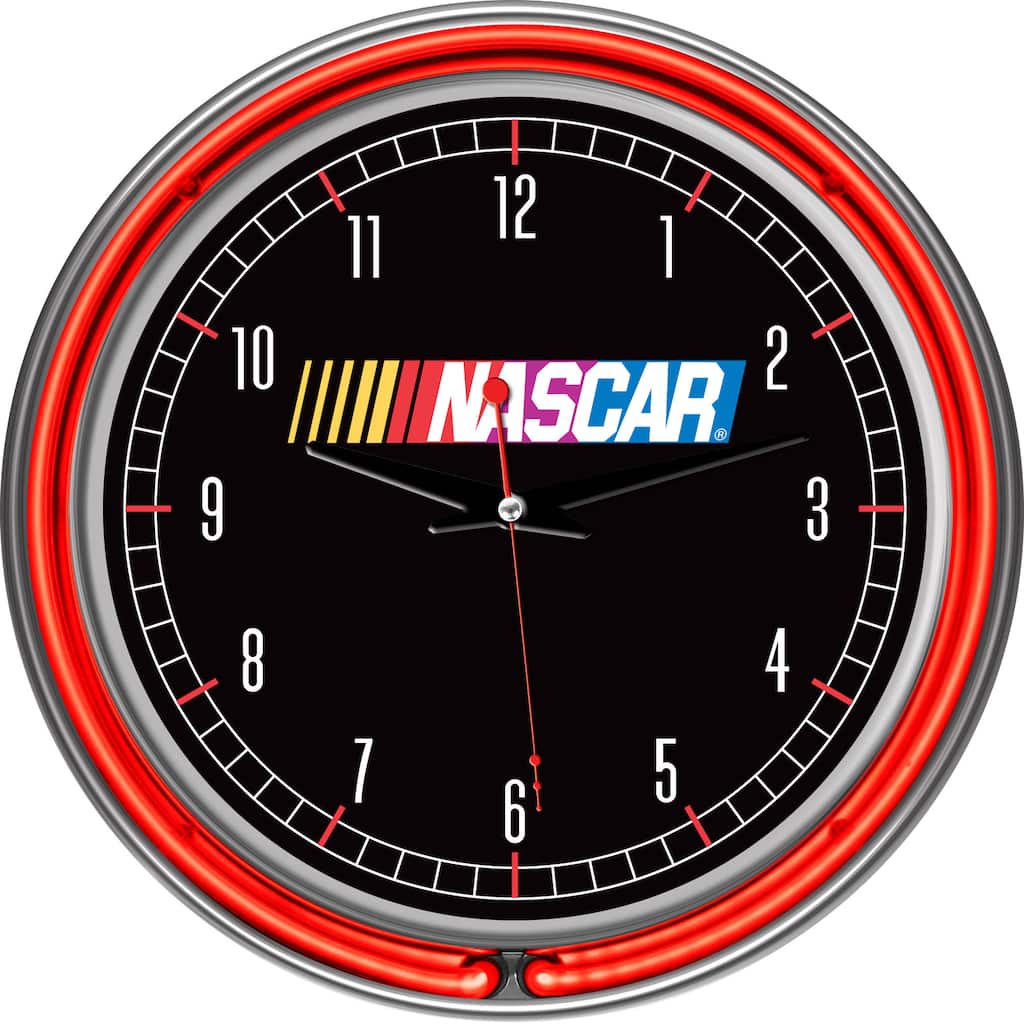 NASCAR Chrome Double Ring Neon Clock - Red/Silver/White