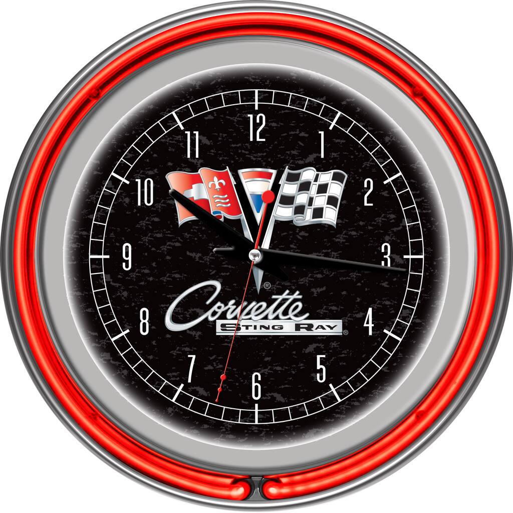 Corvette C2 Black Chrome Double Ring Neon Clock - White