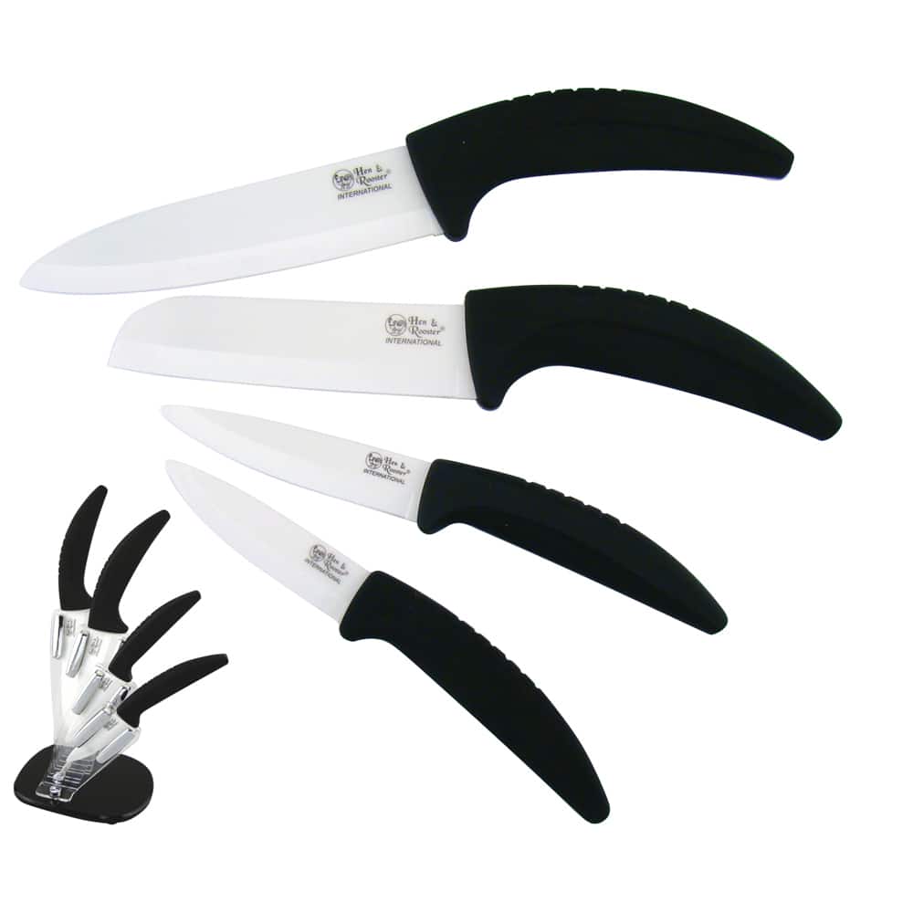 Hen & Rooster 4-piece Ceramic Knife Set with Acrylic Stand