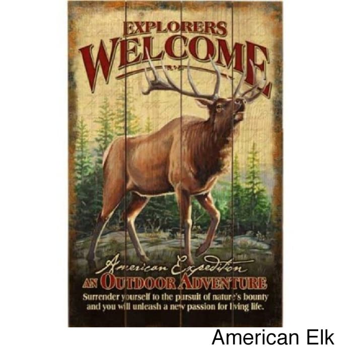 American Expedition Wooden Welcome Sign (NaturalDesign Black bear, whitetail deer, bald eagle, american elk, grey wolf, largemouth bass, rainbow trout, mallard duck, mule deer, common pheasant, northern cardinal, wild turkey Dimensions 24.75 inches x 16