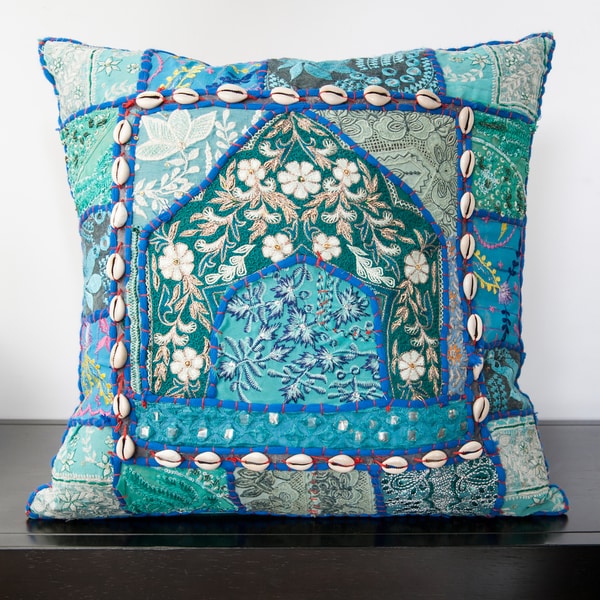 Caley Blue Sari Patchwork 18-inch Decorative Pillow