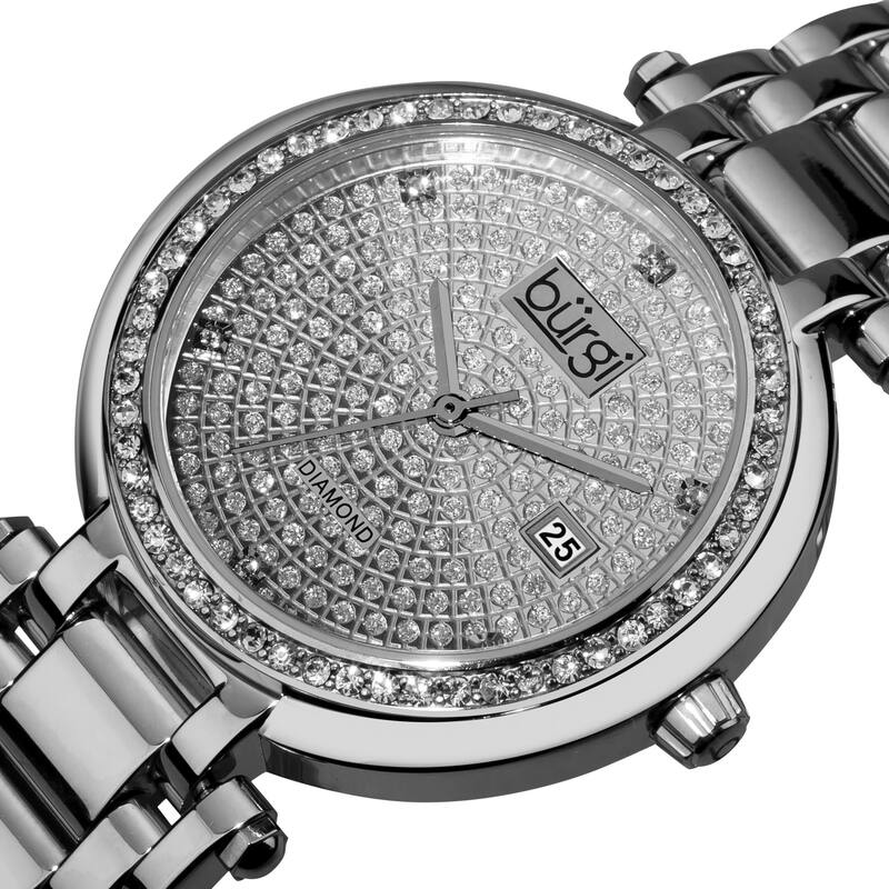 Burgi Women's Silver-Tone Stainless Steel Pave Pattern Diamond Bracelet Watch - silver