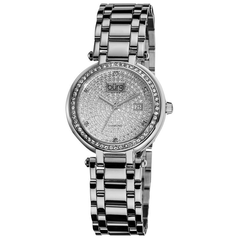 Burgi Women's Silver-Tone Stainless Steel Pave Pattern Diamond Bracelet Watch - silver