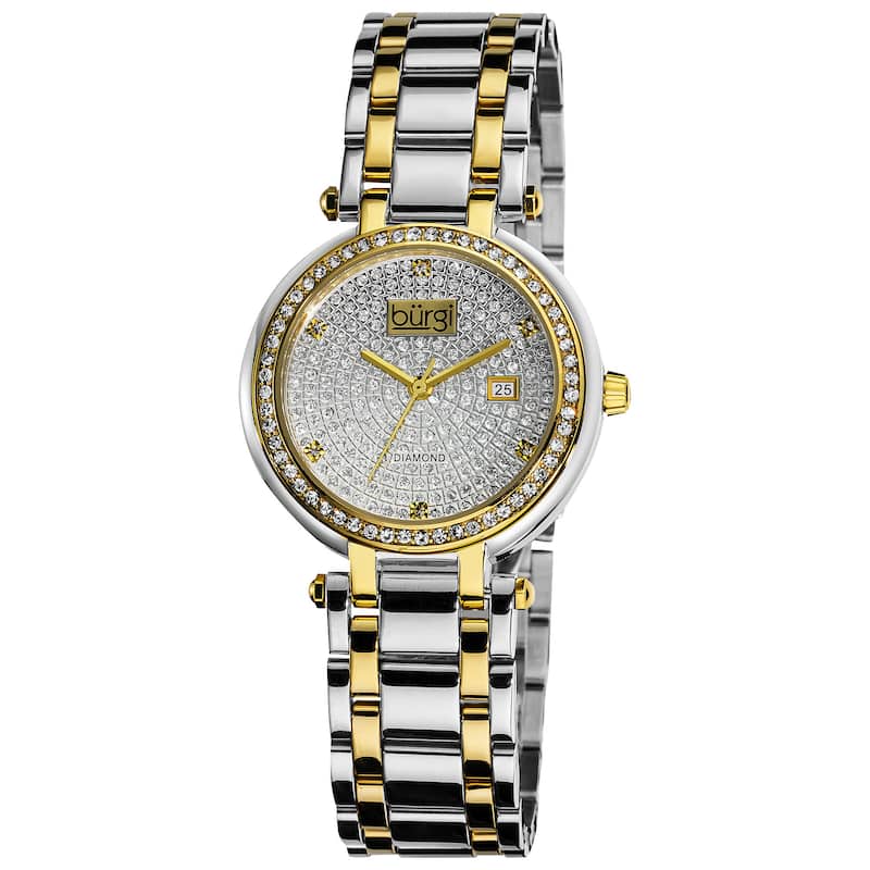 Burgi Women's Stainless Steel Pave Pattern Diamond Two-Tone Bracelet Watch - silver