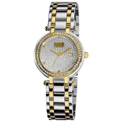 Burgi Women's Stainless Steel Pave Pattern Diamond Two-Tone Bracelet Watch - silver