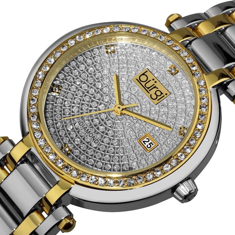 Burgi Women's Stainless Steel Pave Pattern Diamond Two-Tone Bracelet Watch - silver