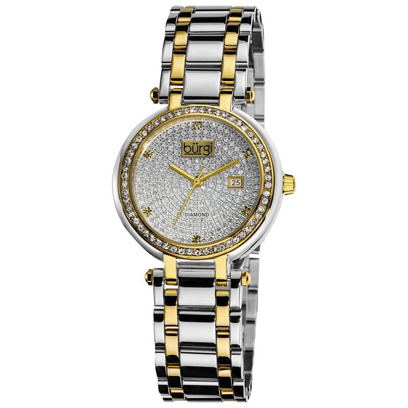 Burgi Women's Stainless Steel Pave Pattern Diamond Two-Tone Bracelet Watch - silver