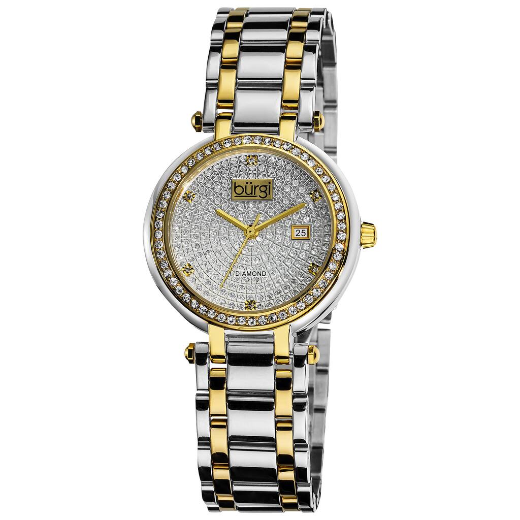 Burgi Women's Stainless Steel Pave Pattern Diamond Two-Tone Bracelet Watch - silver