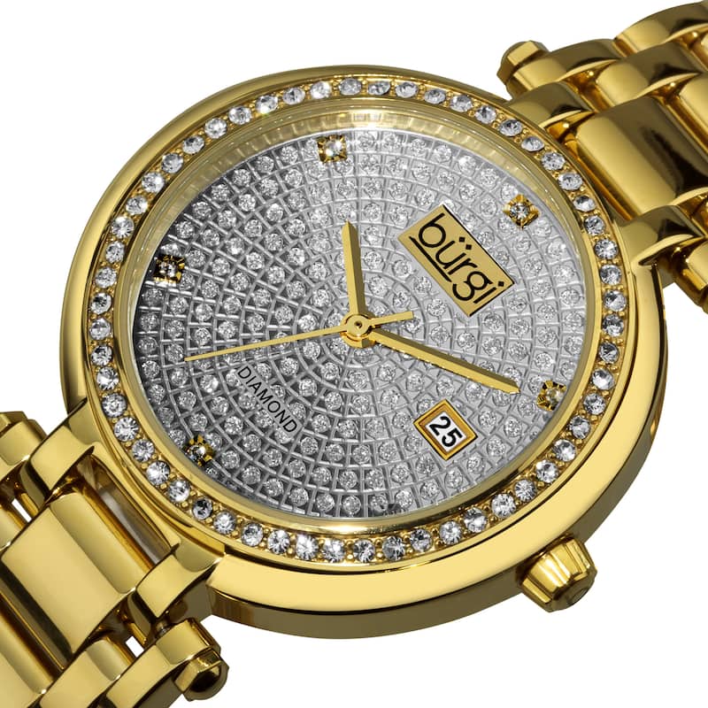 Burgi Women's Gold-Tone Stainless Steel Pave Pattern Diamond Bracelet Watch