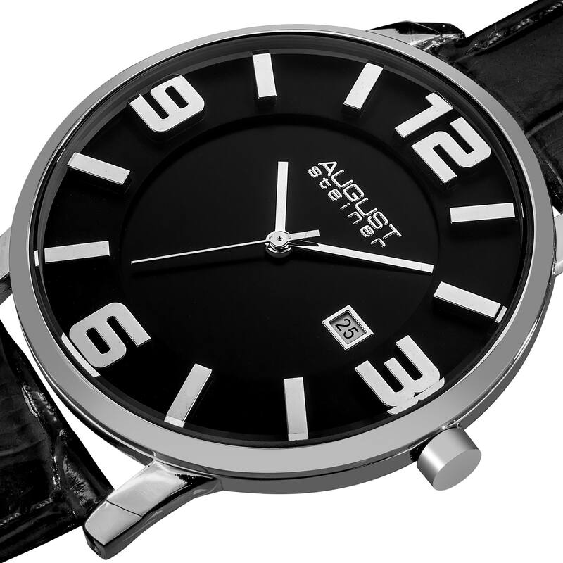 August Steiner Men's Slim Swiss Quartz Date Black Leather Strap Watch