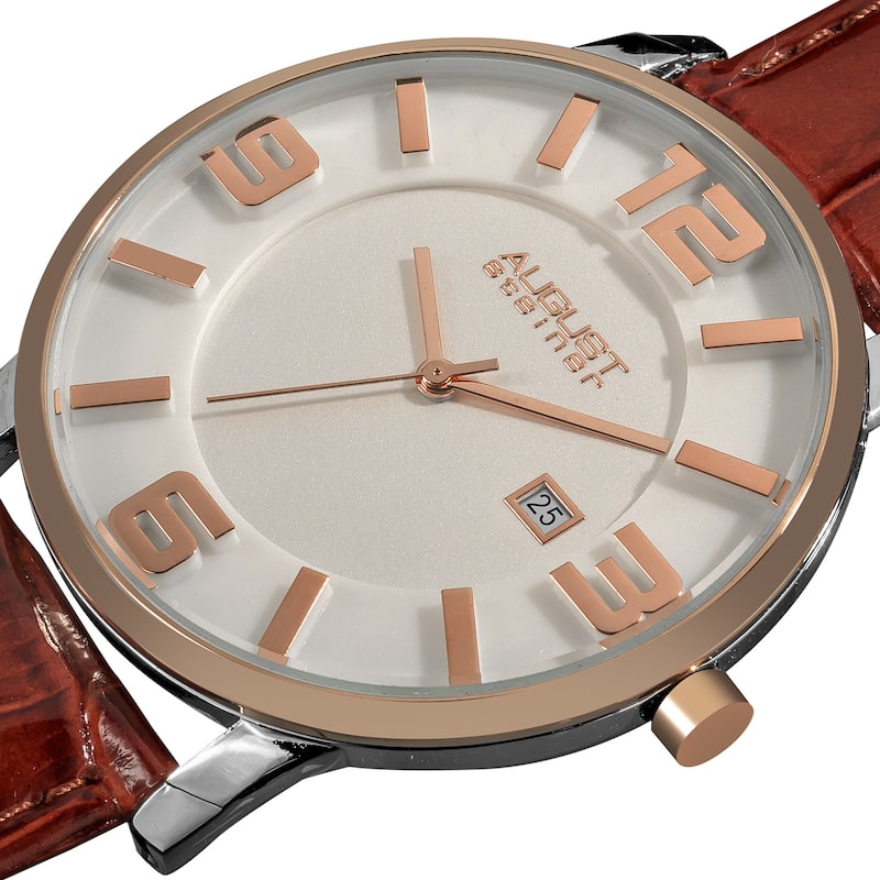 August Steiner Men's Slim Swiss Quartz Date Leather Brown Strap Watch